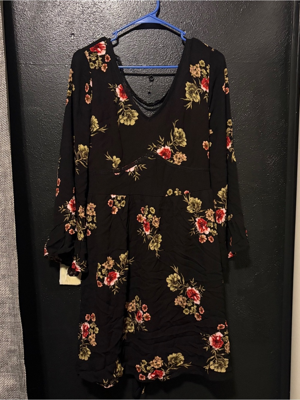 American Rag V Neck Bell Sleeve Black Floral Flare Mini Dress Size 0X